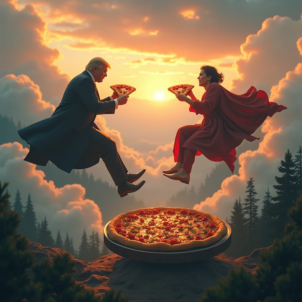 Surreal Sky Feast: Pizza Among Mythical Peaks