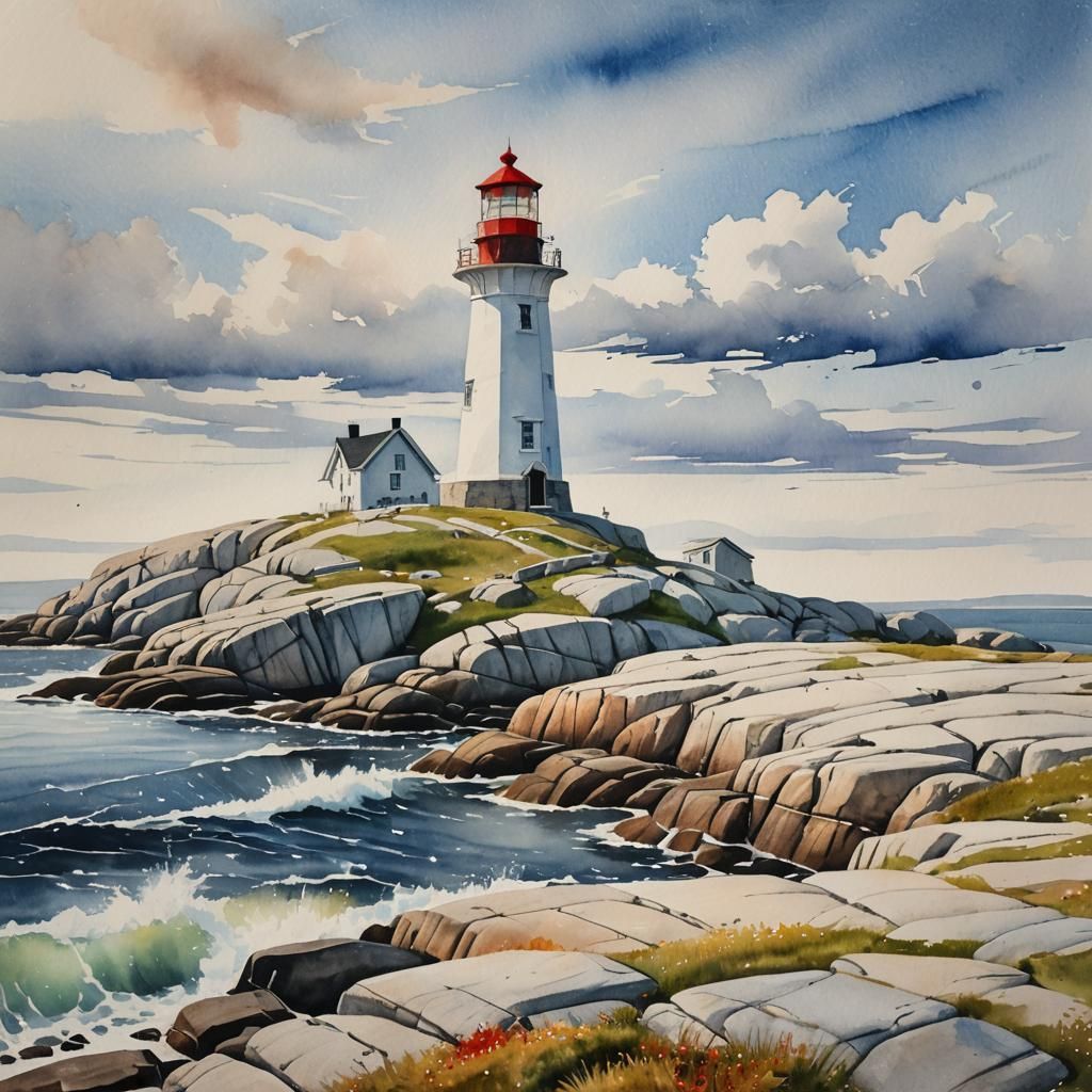 Peggy's Cove Lighthouse in Watercolor Landscape