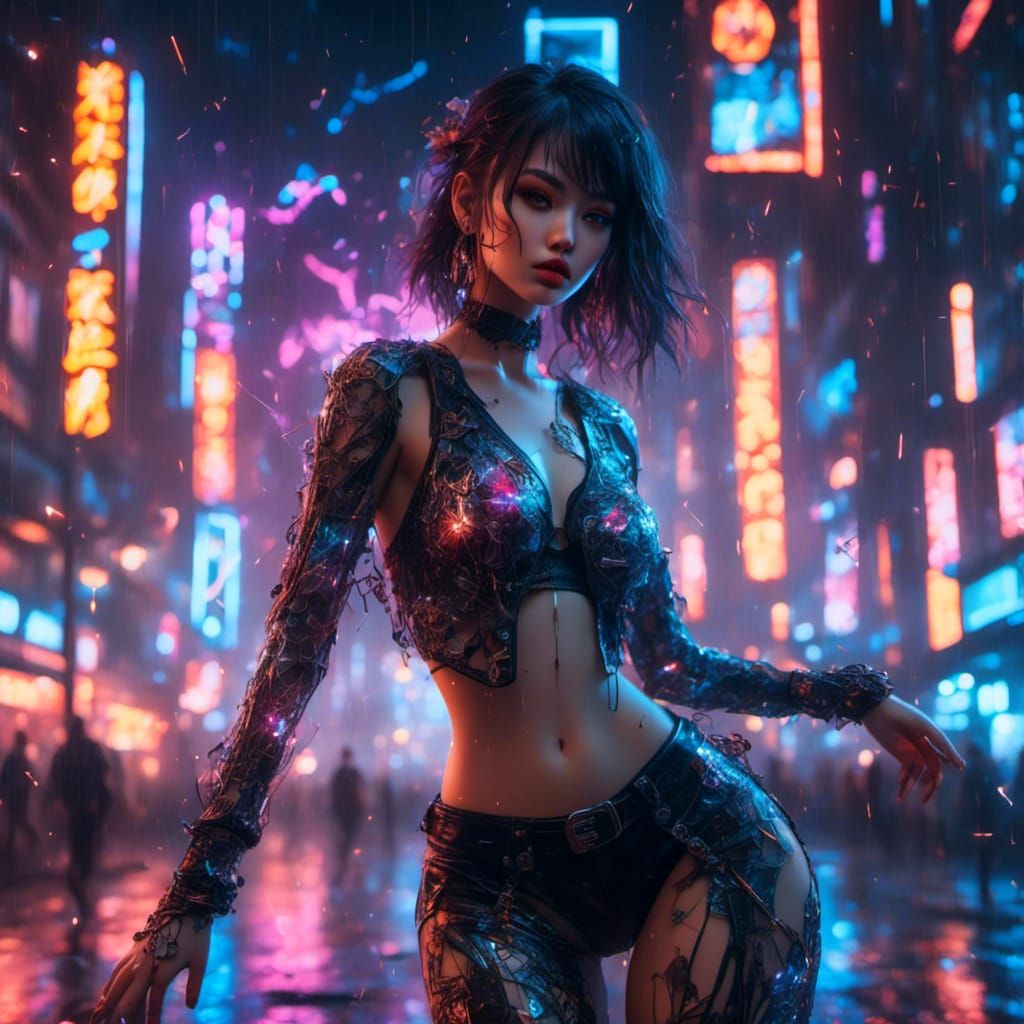 anime neon tron cyberpunk japanese woman dancing (cracked gl...