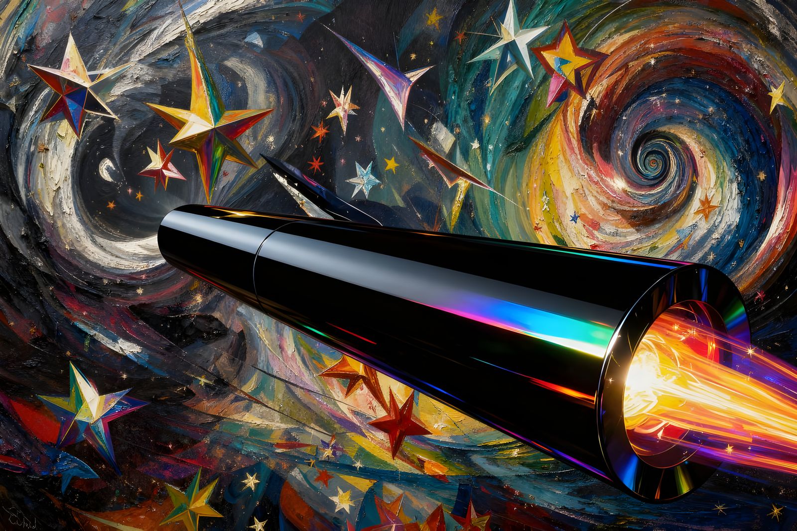 Sleek Black Cylinder with Iridescent Exhaust in Cosmic Vorte...