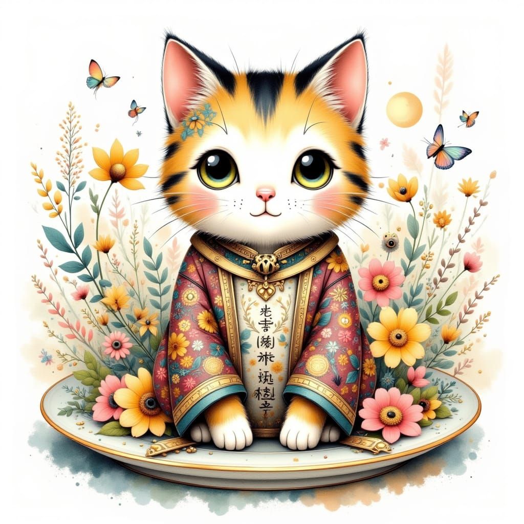 Maneki Neko Figurine in Watercolor Painting Style