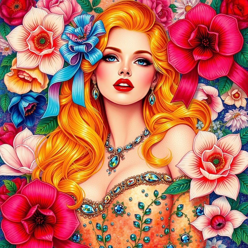 Golden-Haired Woman in Pointillist Floral Art