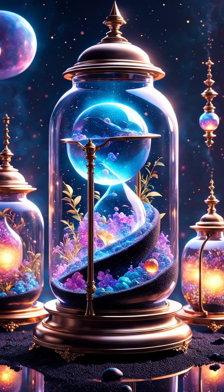 Intricate Cosmic Hourglass in Vibrant, Ethereal Colors