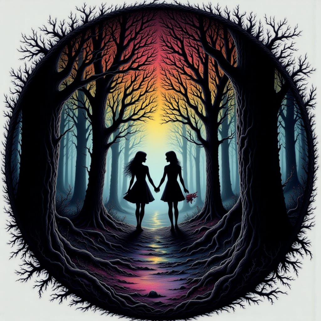 Magical Forest Circle with Glowing Text and Rainbow Sparks