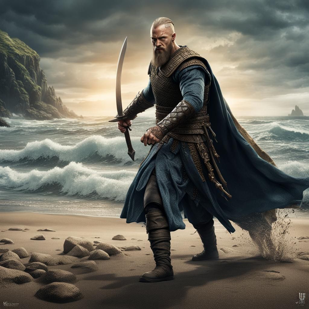 Viking Warrior on Beach, Detailed Digital Art
