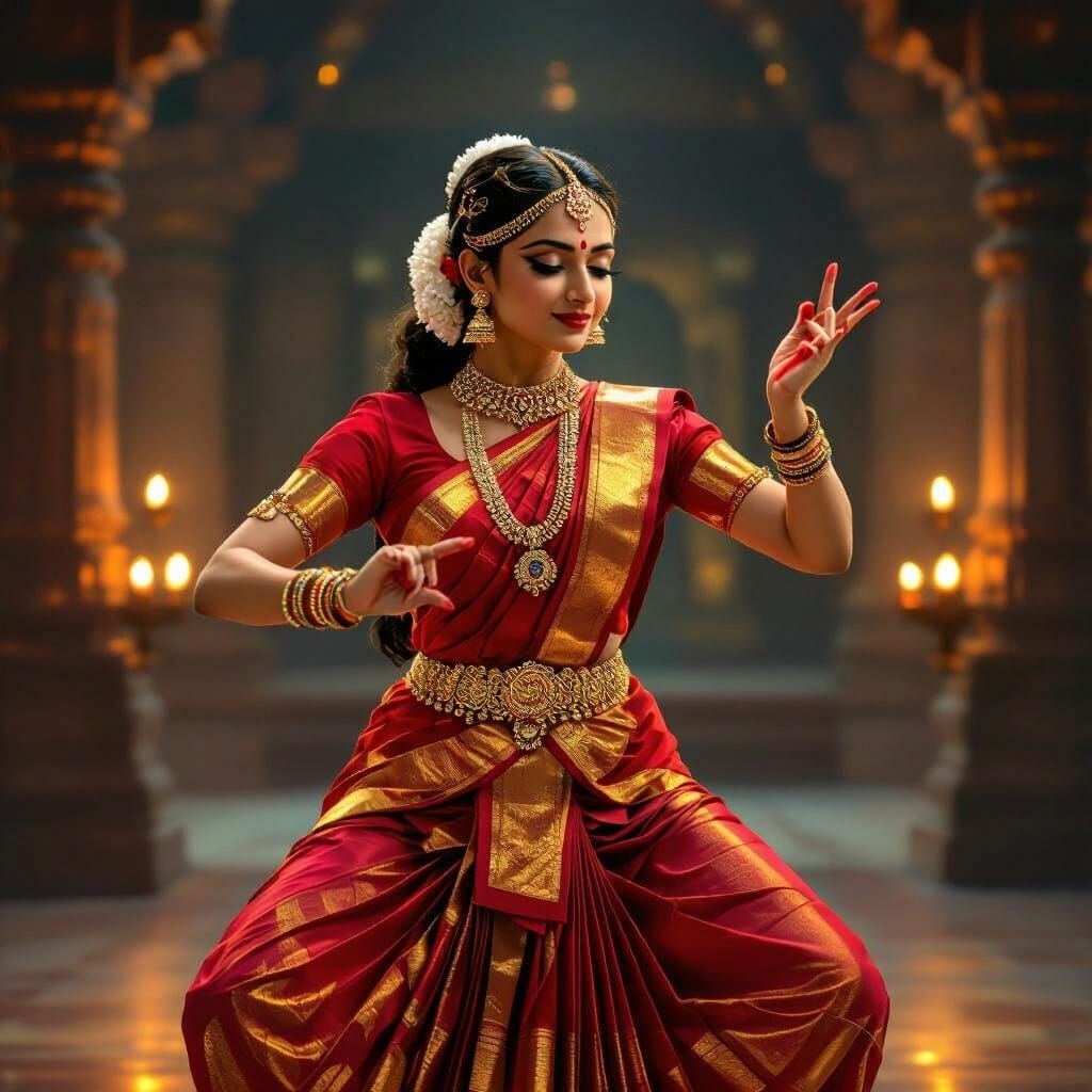 Indian Woman Dancing Bharatanatyam in Temple