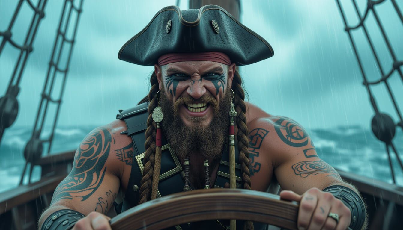 Barbarian Pirate Captain in Storm, Gritty Film Aesthetic