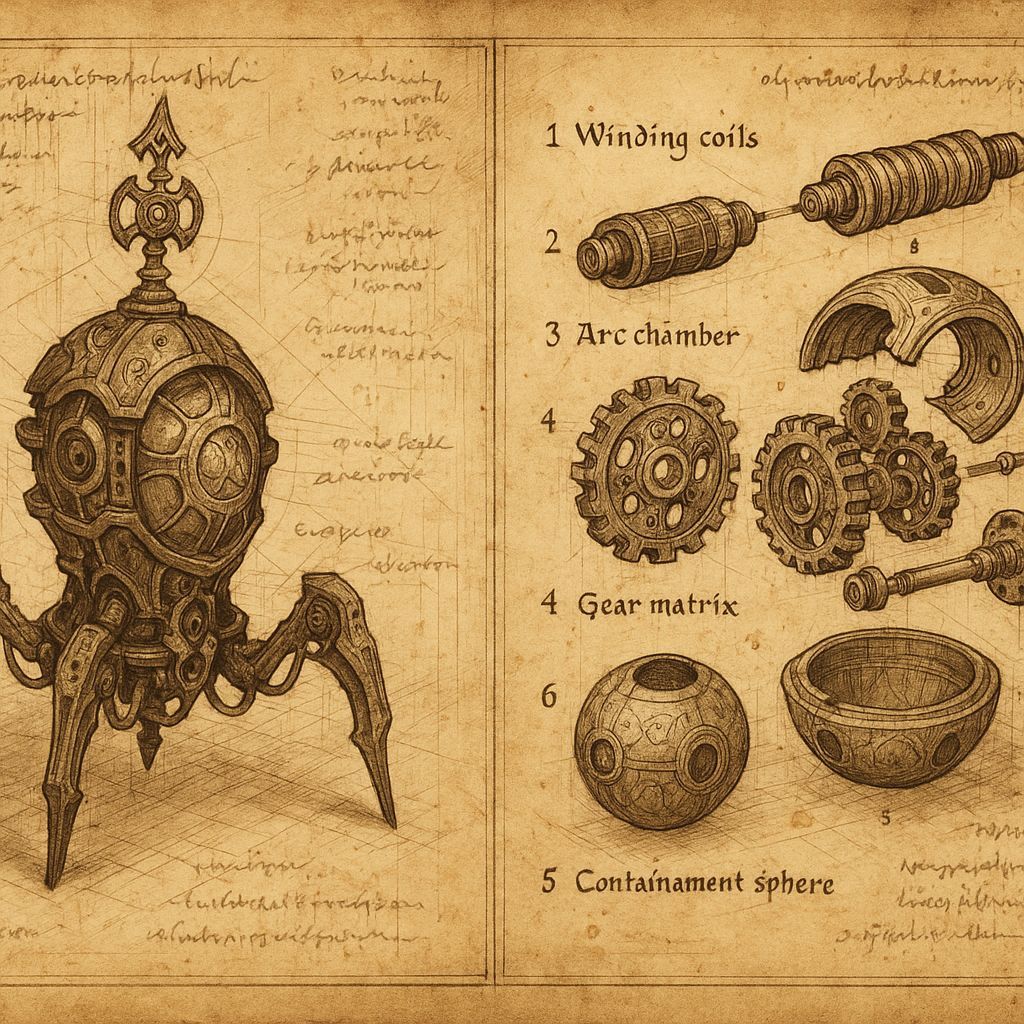 Detailed Schematic Illustration of Steampunk Alien Device