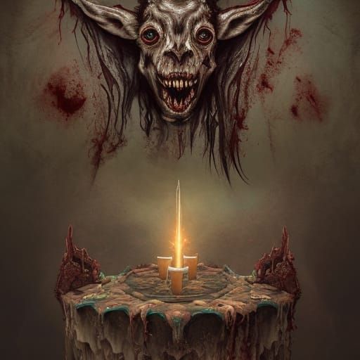 Rotting Zombie Goat Skulls on Altar: Fantasy Art