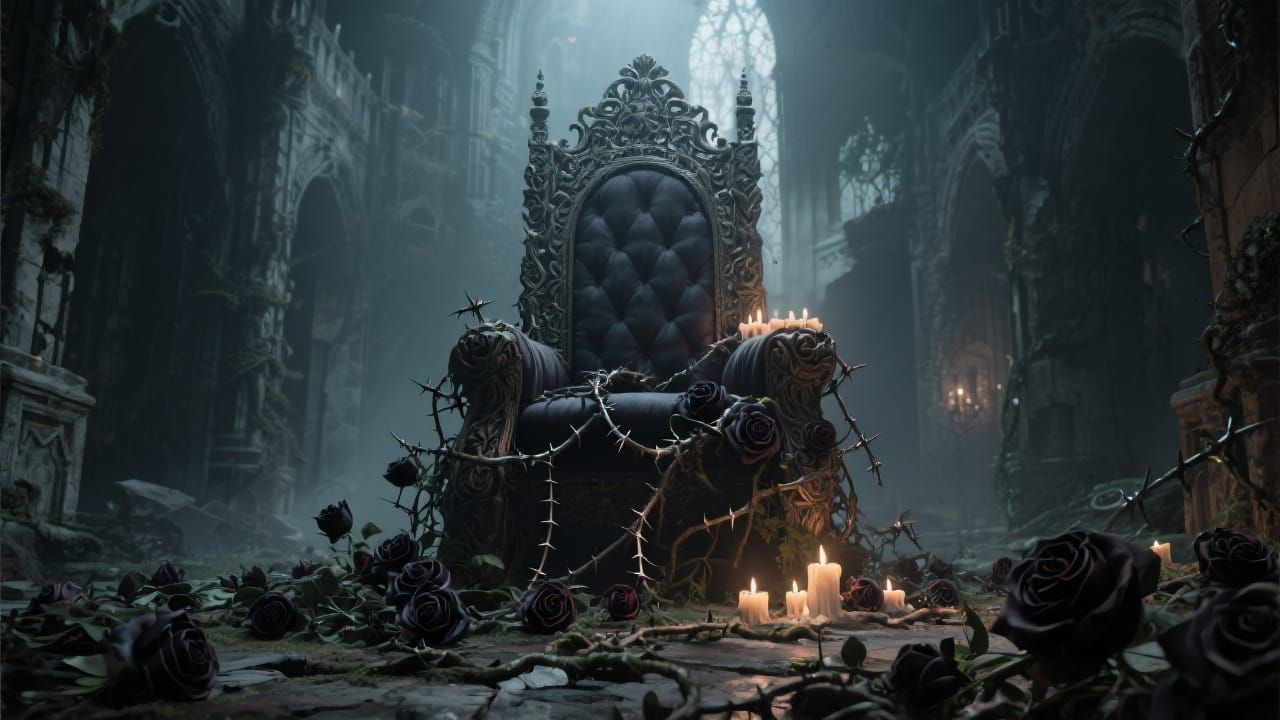 Abandoned Throne in Ruined Castle Hall