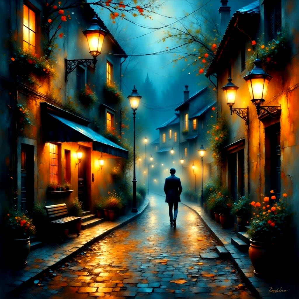 Surreal Cityscape Under Streetlamp Glow