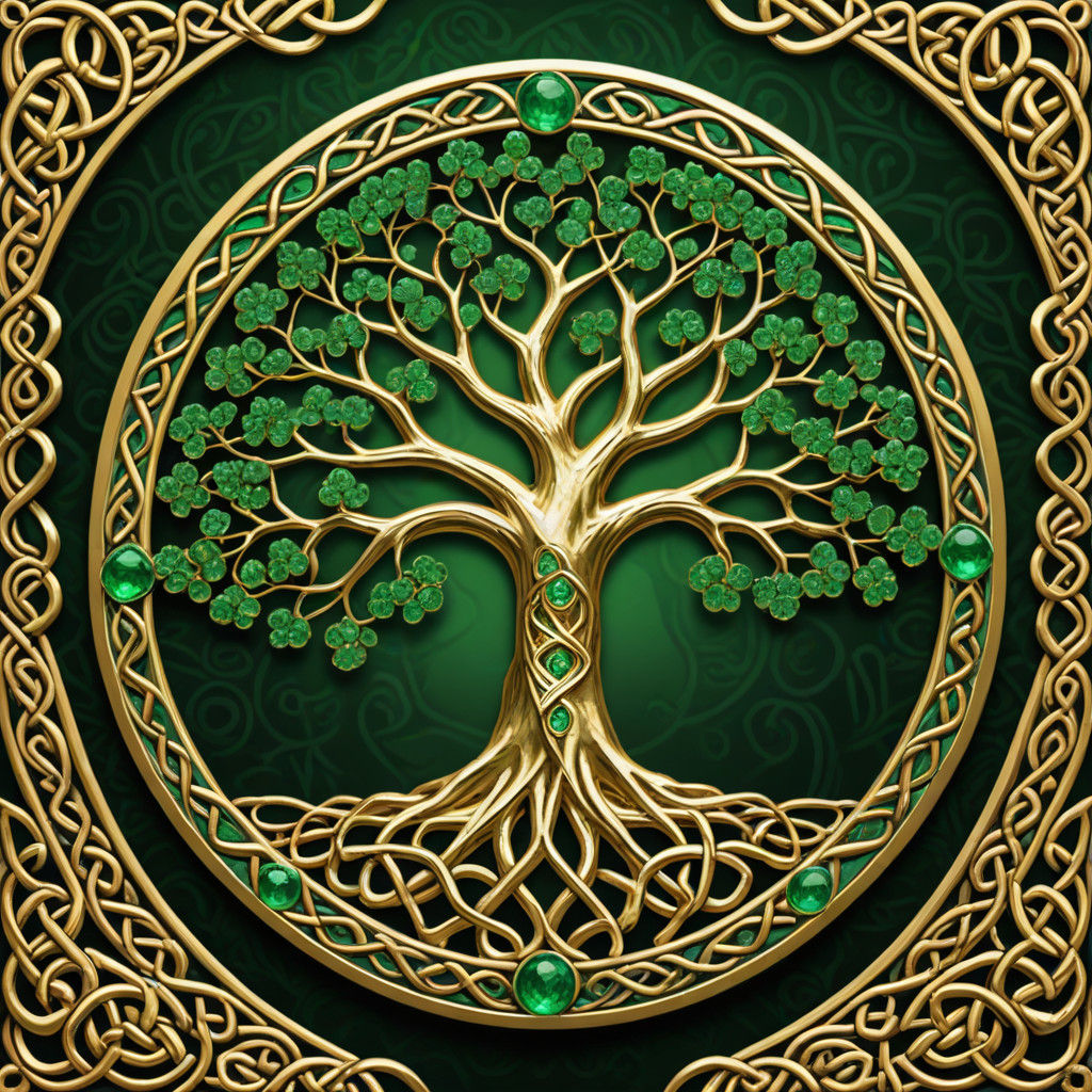 Ethereal Celtic Tree Shines with Gold and Emerald