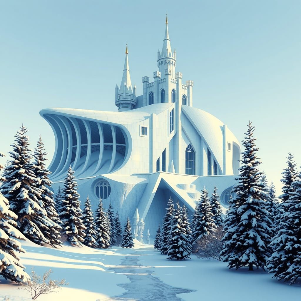 Majestic Winter Palace in Futuristic Snowy Landscape