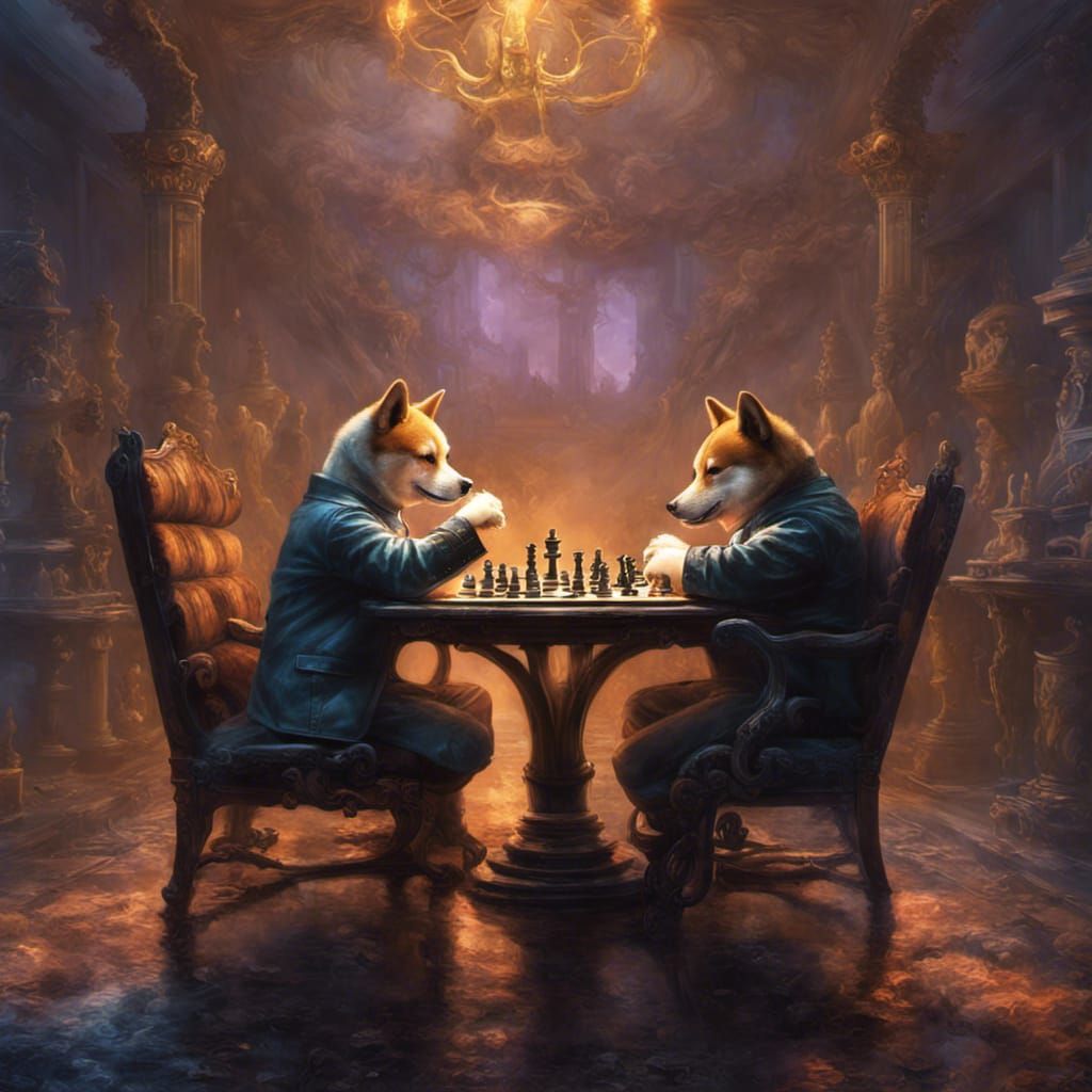 Shiba Inus Chess Fight in Steampunk Fantasy Style