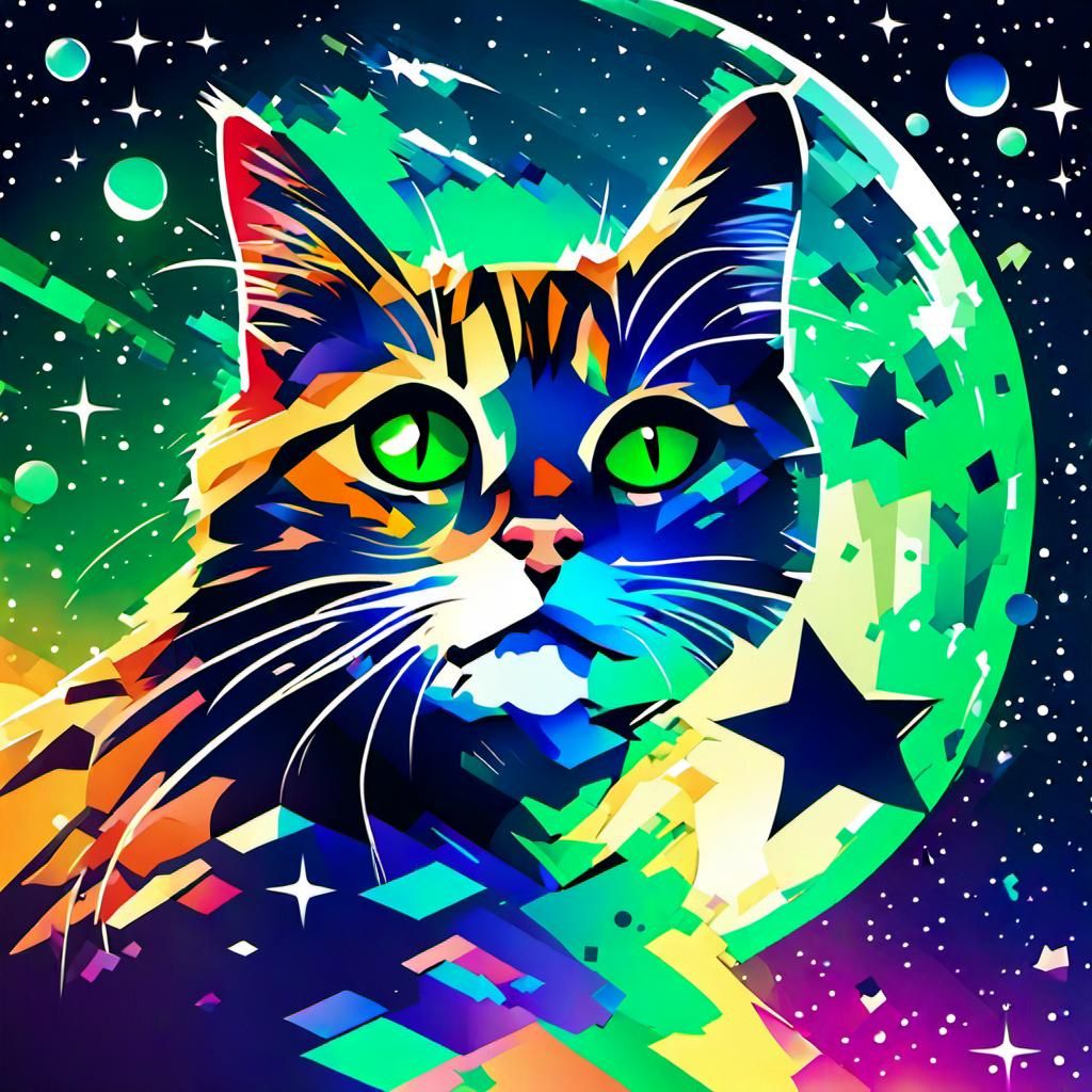 Candy Art Cat in Space with Pixelated Retro Effect