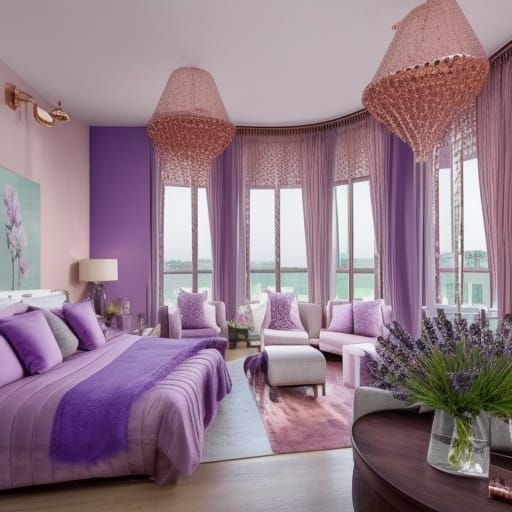 Luxurious lavender penthouse with beautiful lavender walls with Rose gold accents& Beautiful rose gold windows with lave...
