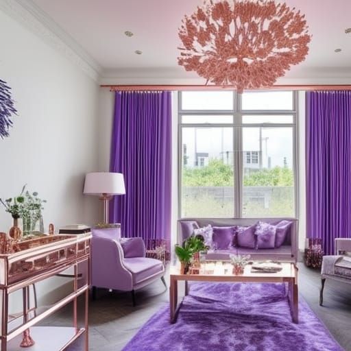 Luxurious lavender penthouse with beautiful lavender walls with Rose gold accents& Beautiful rose gold windows with lave...