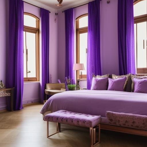 Luxurious lavender penthouse with beautiful lavender walls with Rose gold accents& Beautiful rose gold windows with lave...