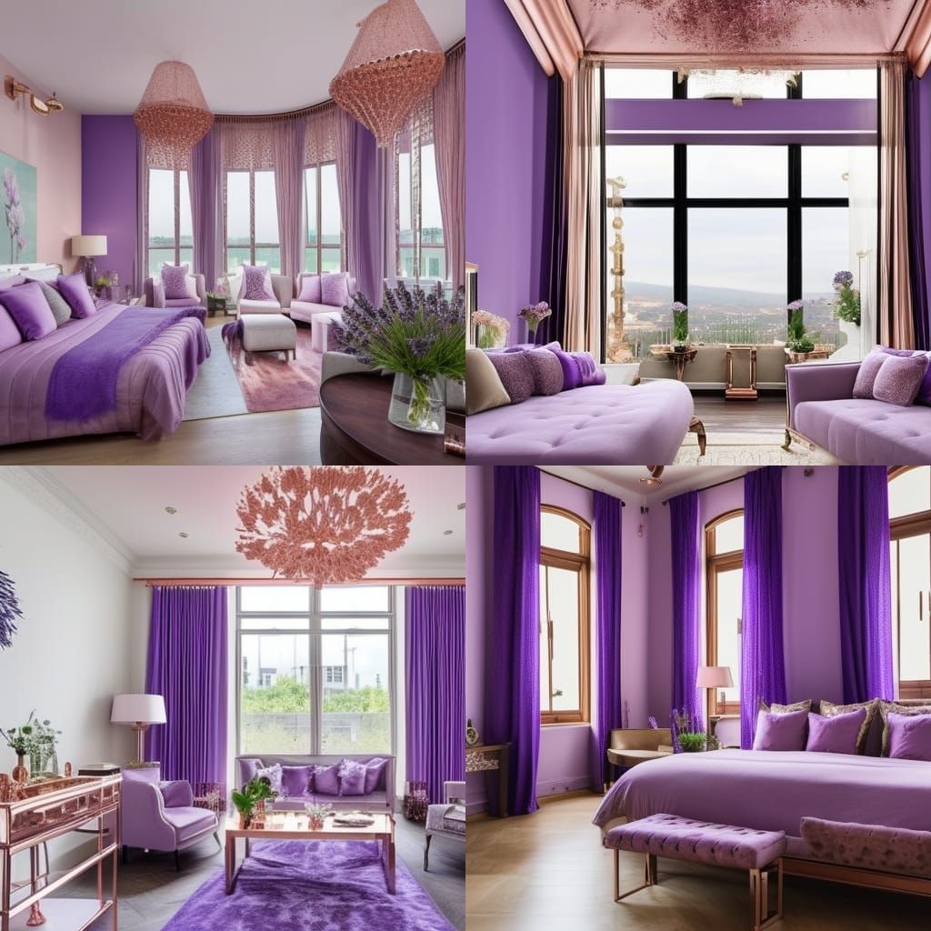 Luxurious lavender penthouse with beautiful lavender walls with Rose gold accents& Beautiful rose gold windows with lave...