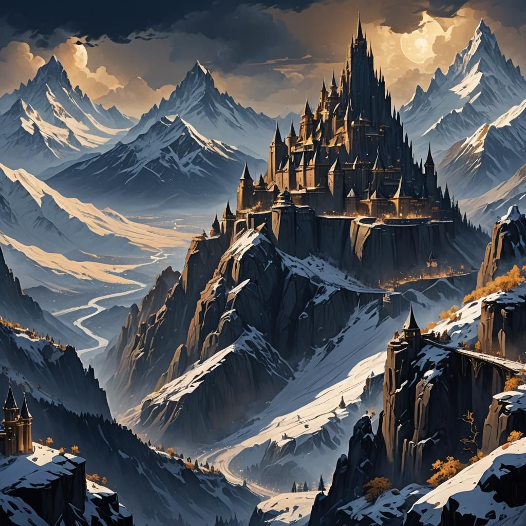 Fantasy Mountain Peaks with Distant City, Matte Painting