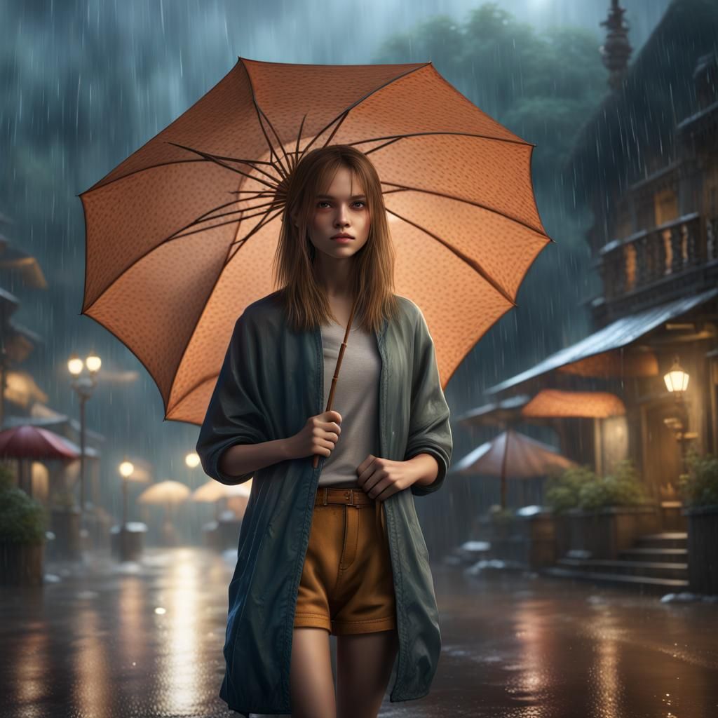 Girl with Parasol in Rainy Scene