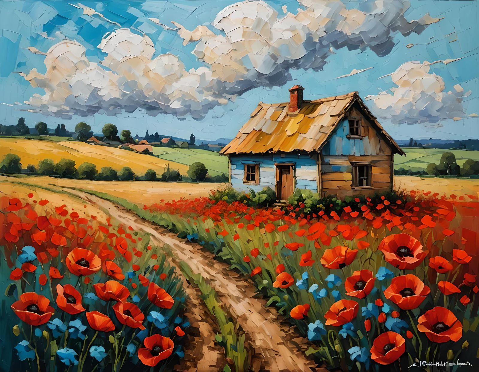 Poppy Field with House in Impasto Oil Style