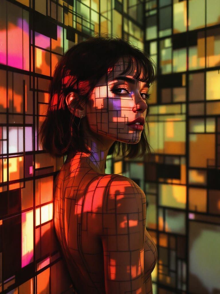 Woman's Face Distorted by City Lights in Twilight