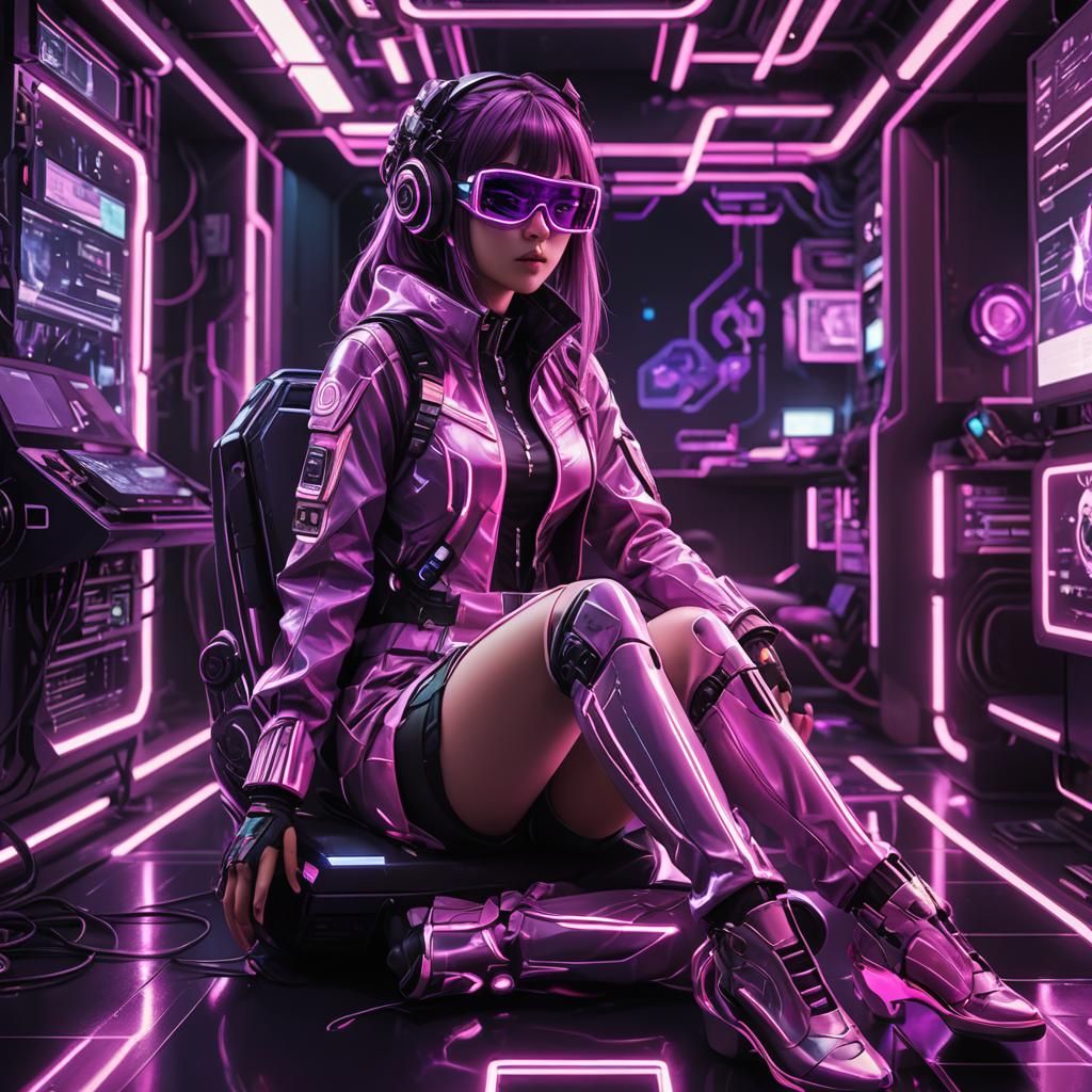 Anime Hacker Girl in Neon Noir Cyberpunk Style
