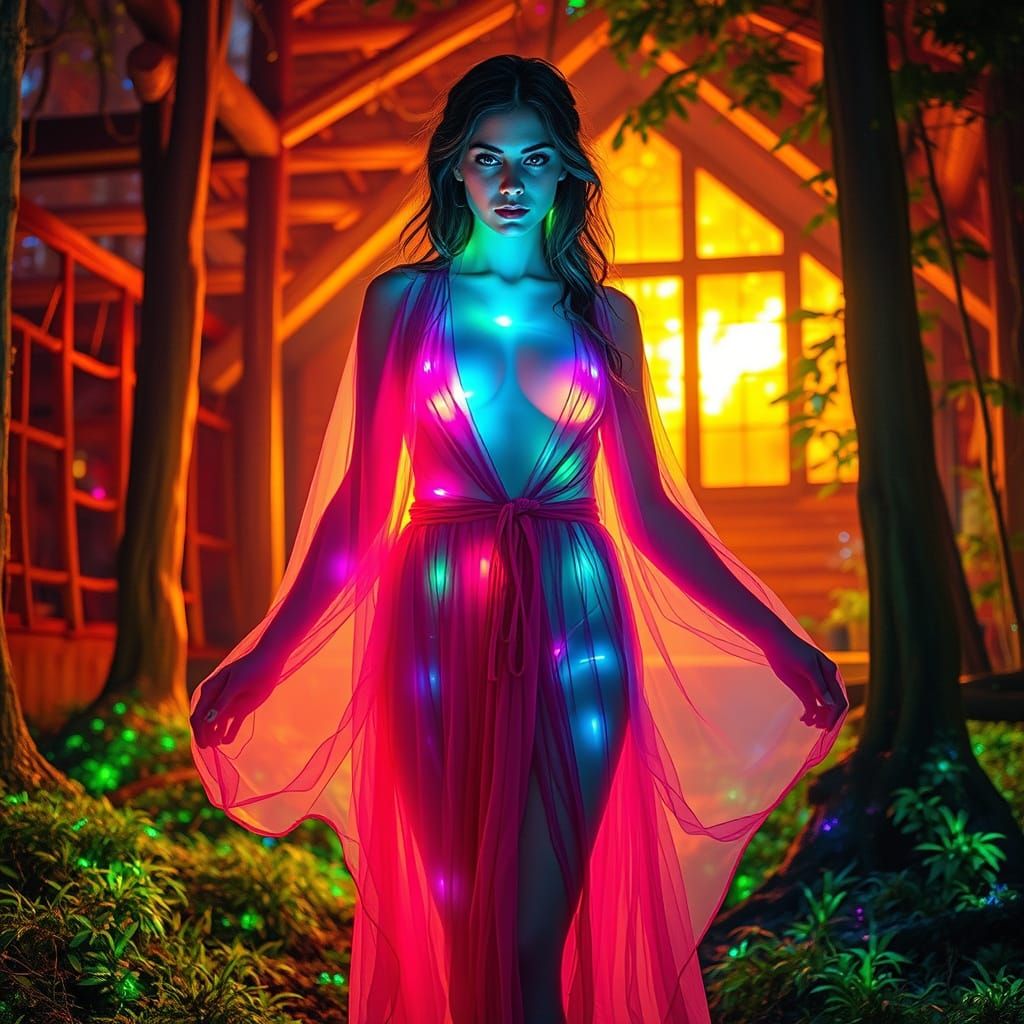 Ethereal Woman in Psychedelic Forest, Digital Art