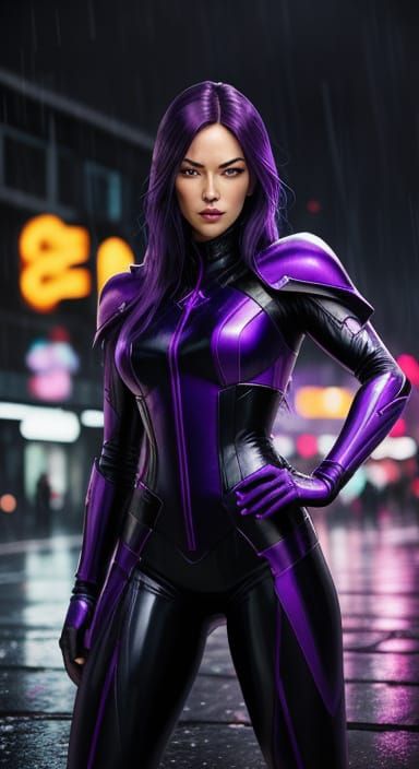 Psylocke in Rainy Cyberpunk City, Comic Book Style
