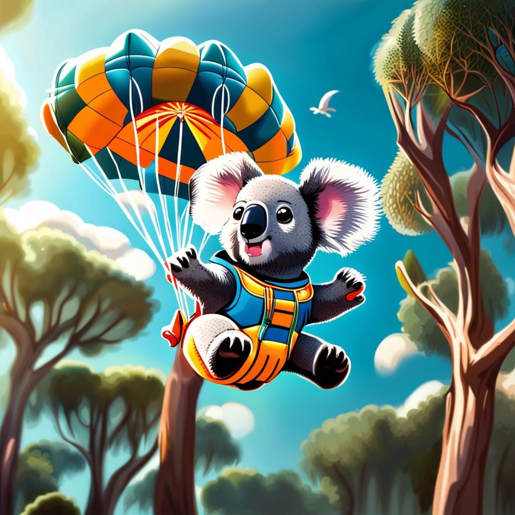 Baby Koala Skydiving Adventure Among Gum Trees