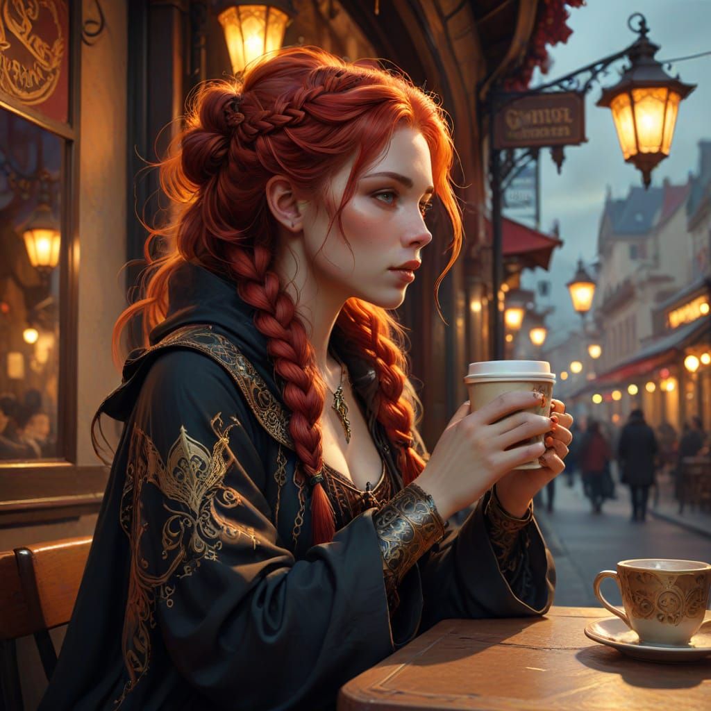 Whimsical Witch Sipping Coffee in Enchanting Cafe
