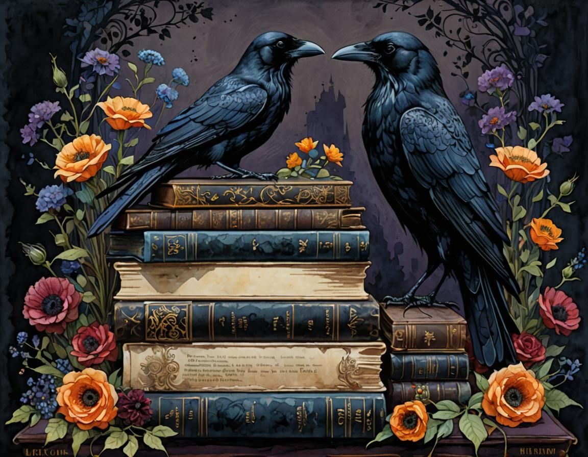 Gothic Raven on Books with Dark Foliage