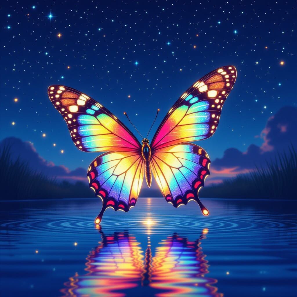 Iridescent Butterfly Under Starry Night Sky