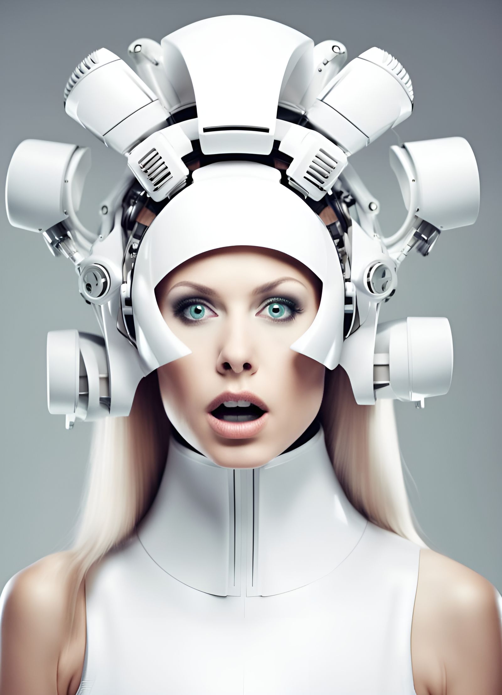 Surprised Woman with Futuristic Headgear and Bold Makeup