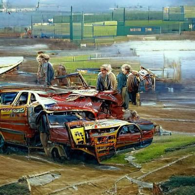 Wrecked Stock Car Racing in Oil Paint Style