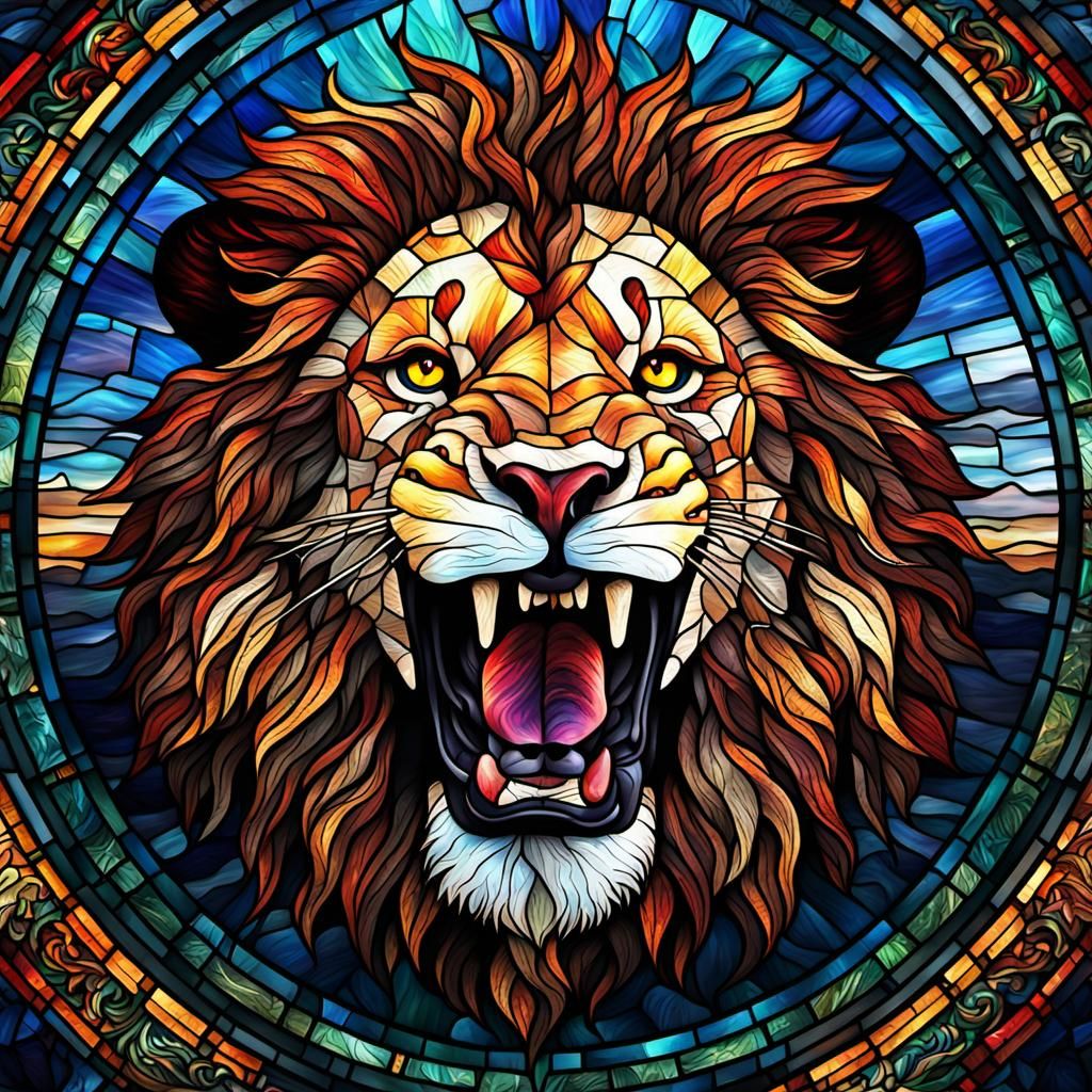 Stained Glass Roaring Lion Digital Painting