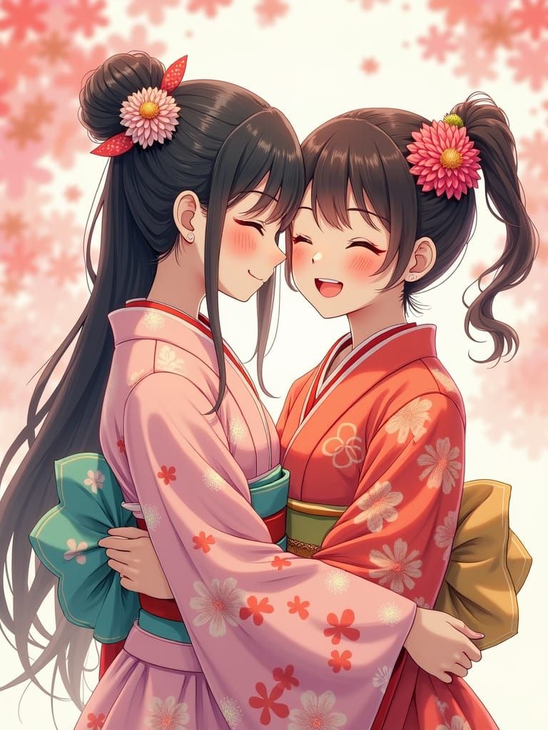 Girls Embrace in Cherry Blossom Garden, Watercolor Style