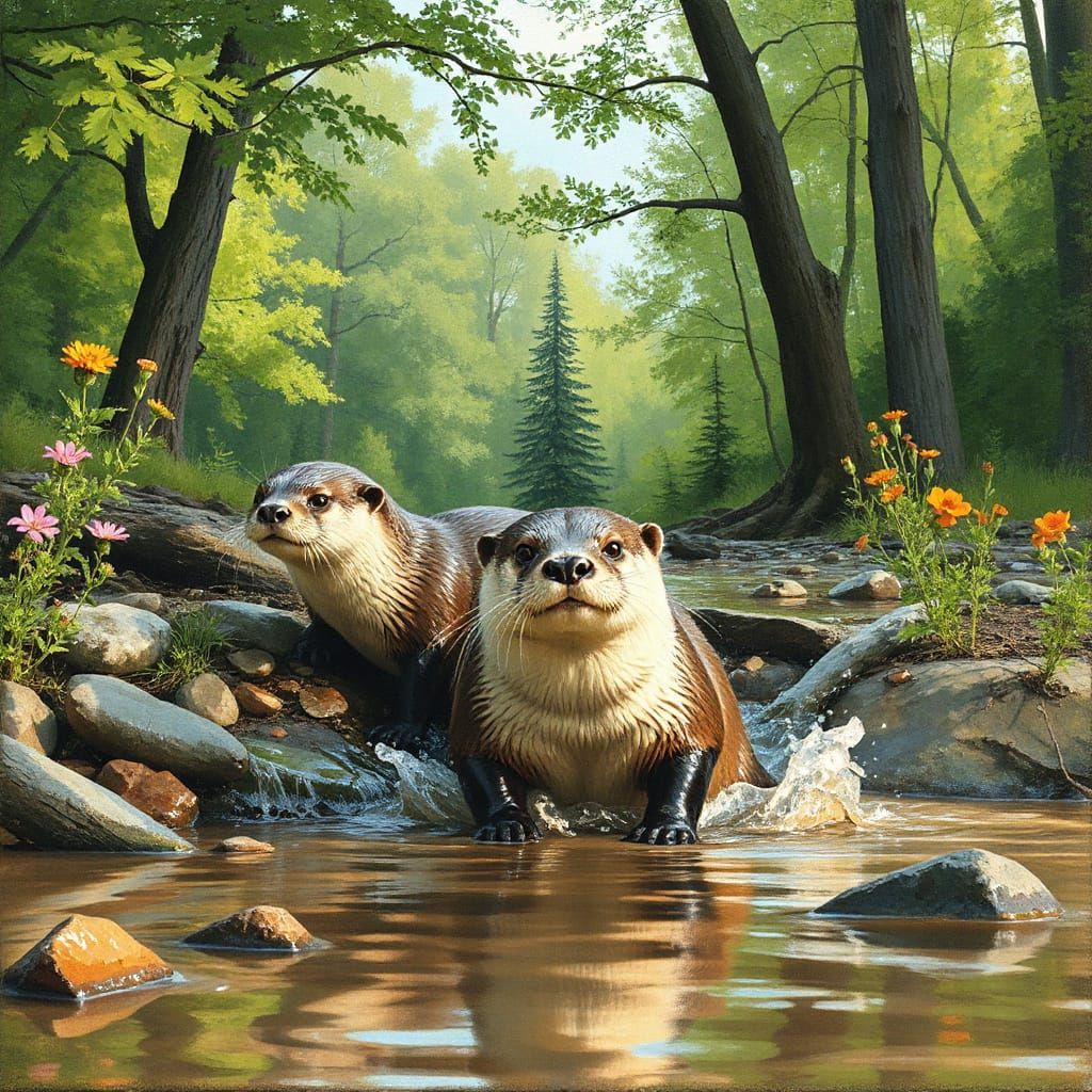 Playful Otters Sliding Down Riverbank, Wildlife Art