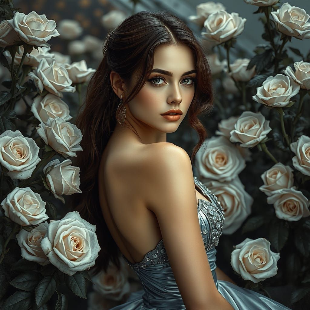 Woman in Silver Gown with Roses, Hyperrealistic