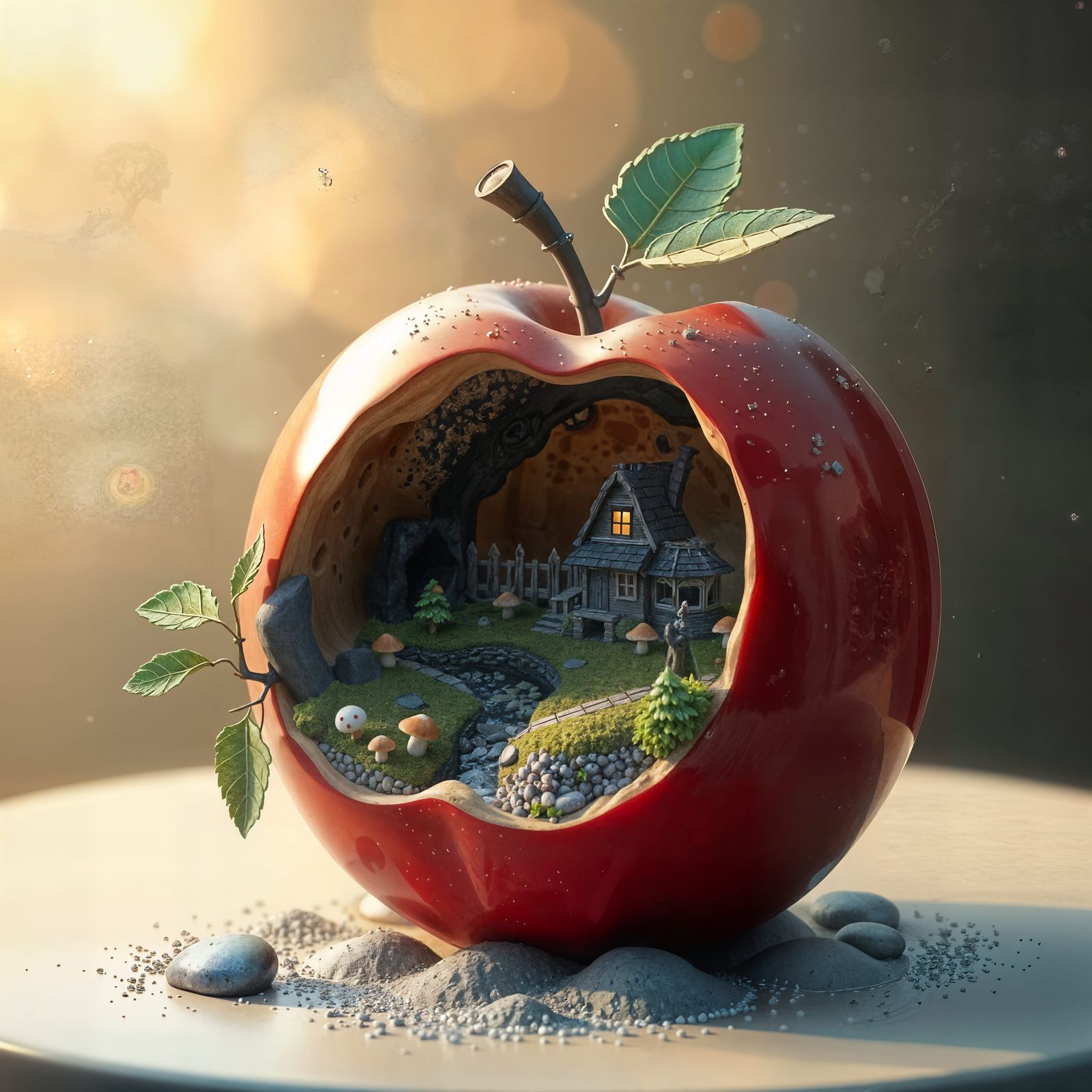 Surreal Miniature World in an Apple Blossoms with Fairy Cott...