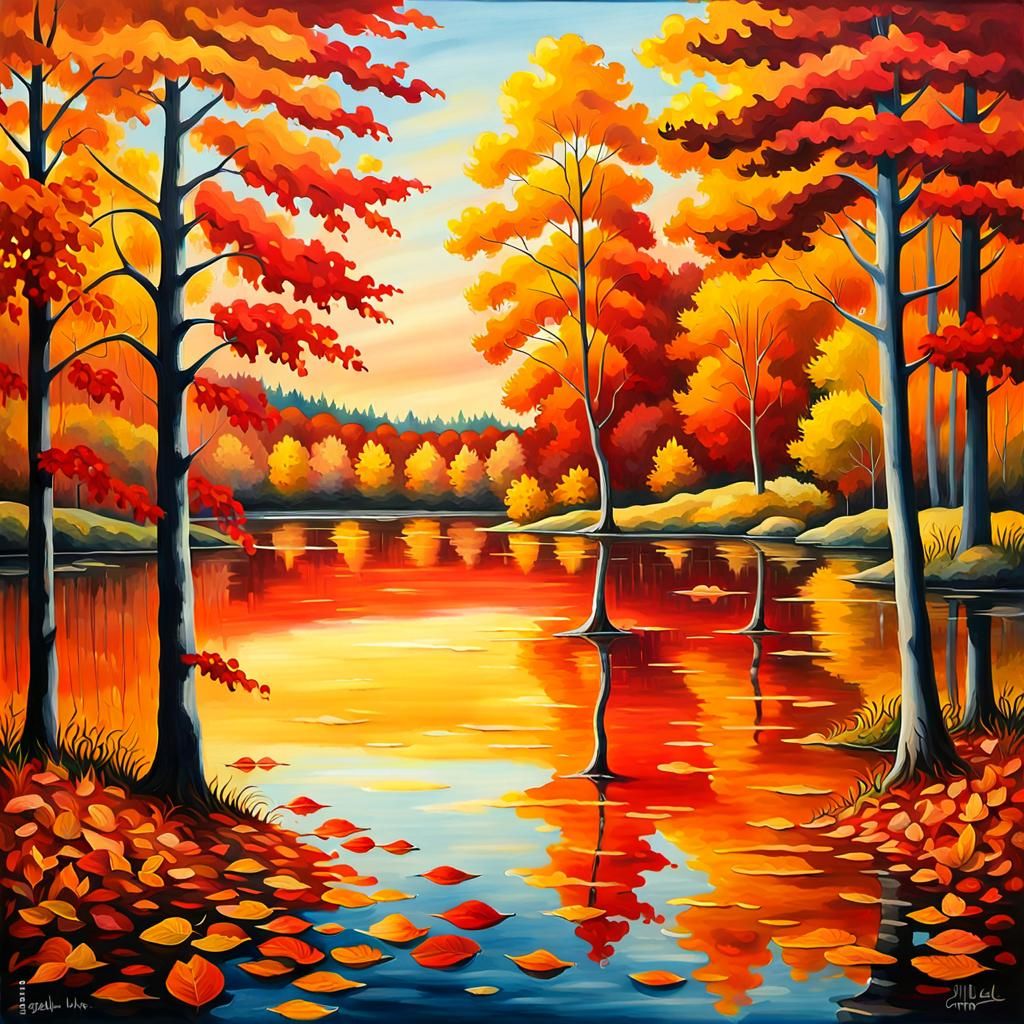 Autumn Lake Reflection in Oil Painting Style