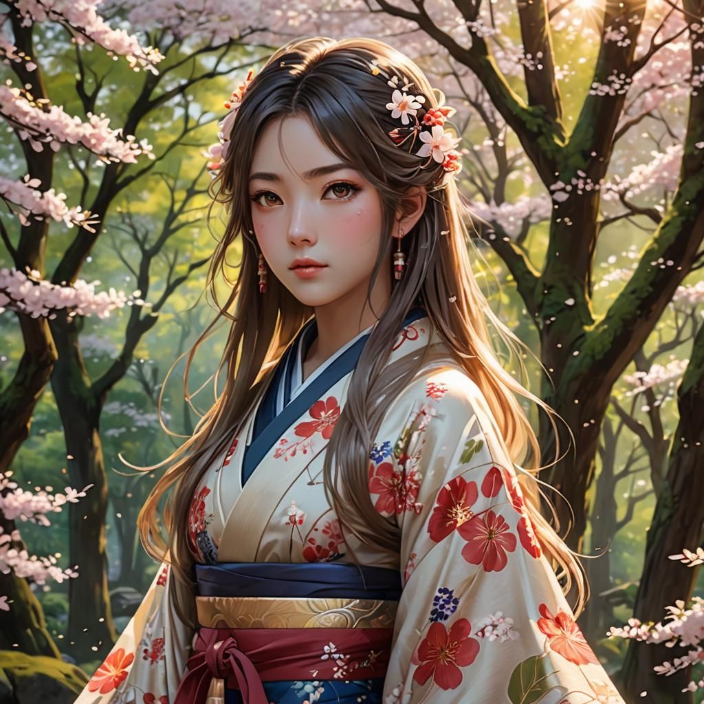 Anime Girl in Kimono in Cherry Blossom Forest