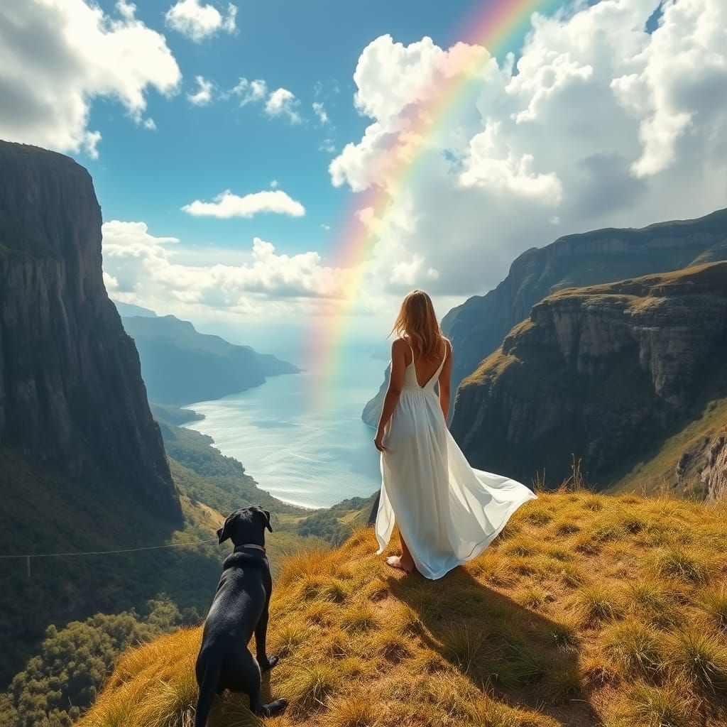 Serene Landscape with Woman and Rainbow in Dreamy Watercolor...