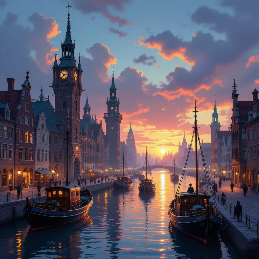 Steampunk City Sunset with Gothic Architecture