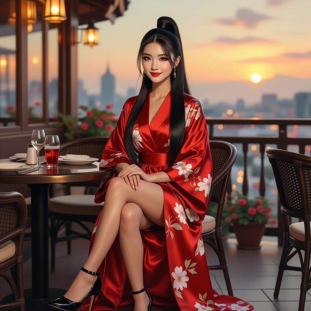 Vietnamese Woman in Kimono on Terrace, Golden Hour Light