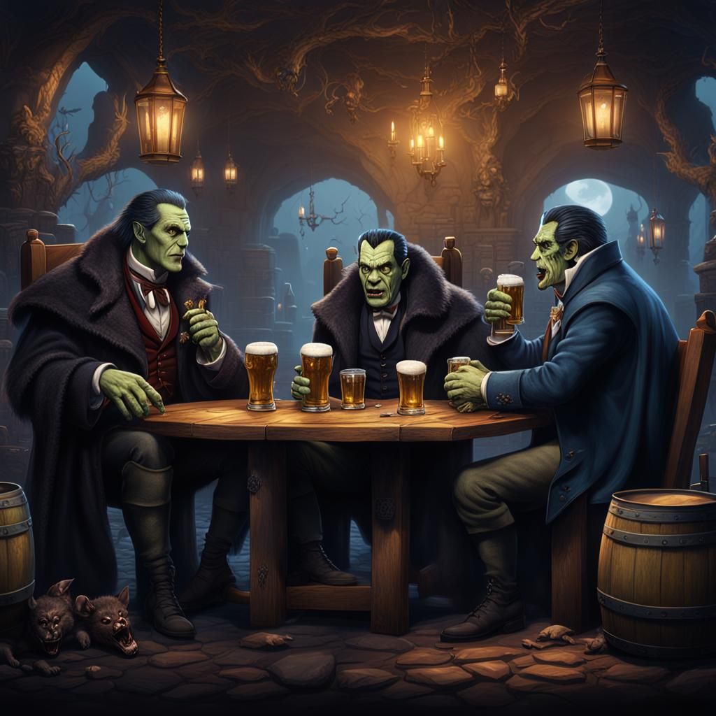 Dracula, Frankenstein, and Werewolf Enjoying Beer