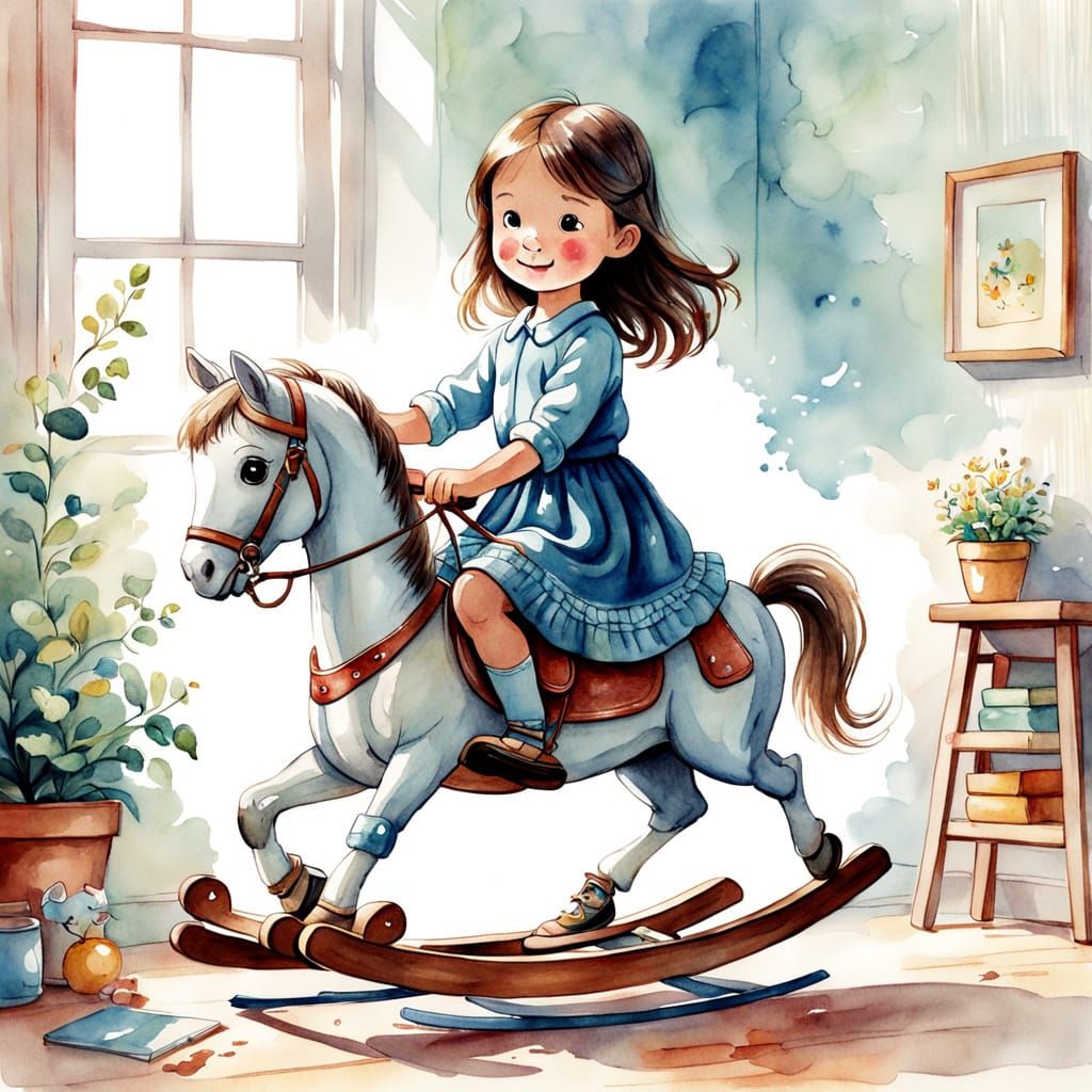 Girl Riding Rocking Horse Watercolor Sketch