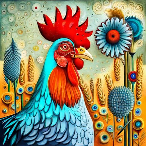 Rooster in Mixed Media Style with Flowers