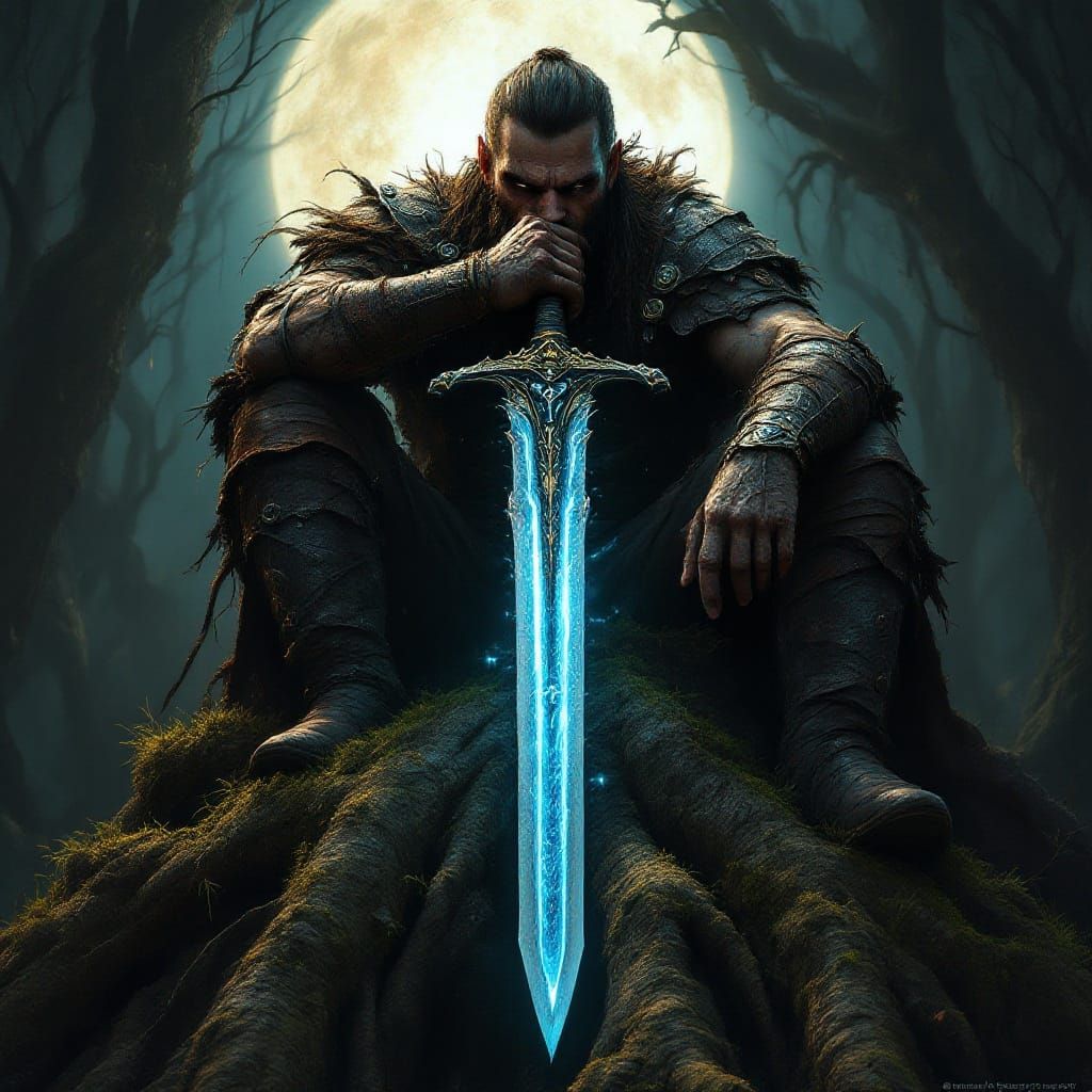 Dark Fantasy Warrior Amidst Ancient Tree Root